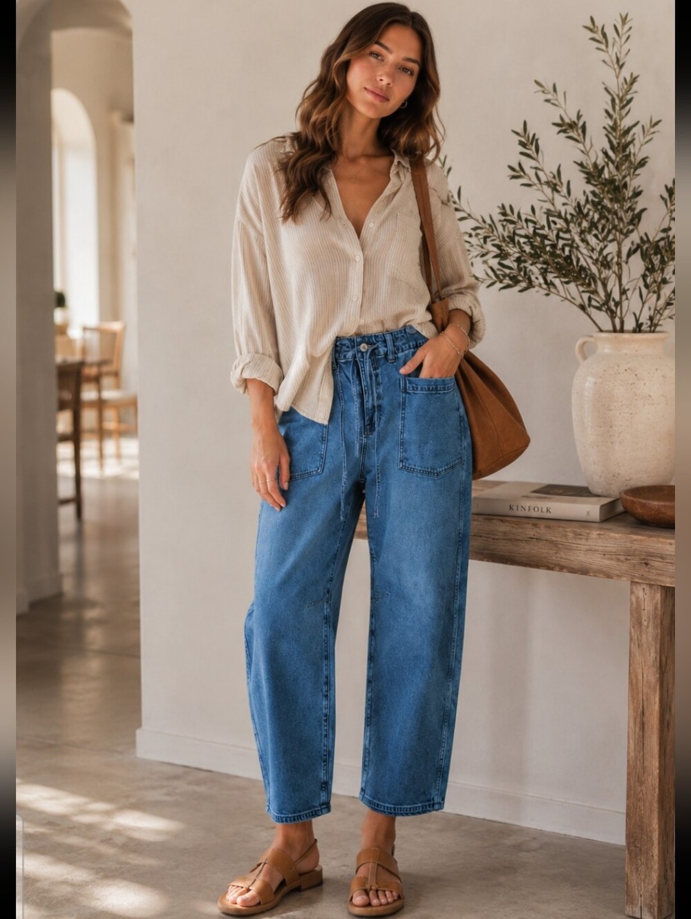 American Eagle Outfitters Medium Blue Barrel Drawstring Jeans